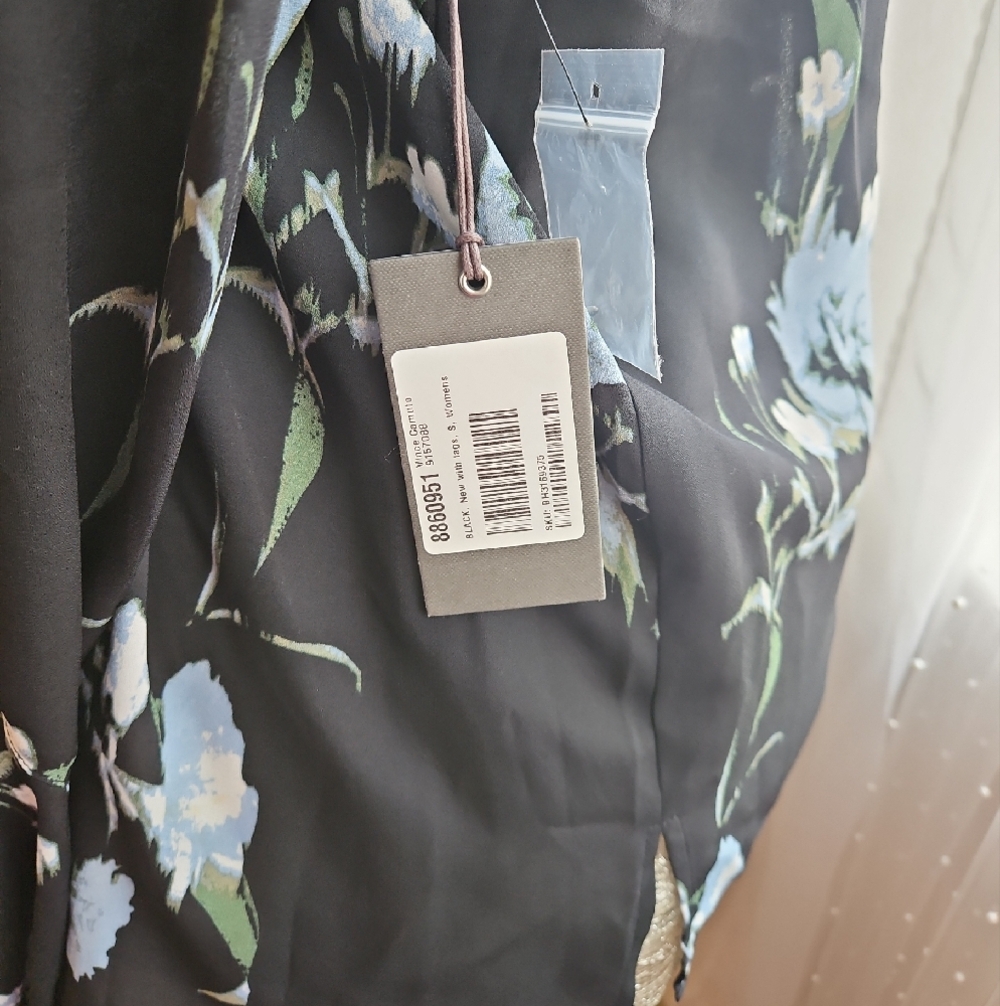 Vince Camuto Black Floral Long Sleeve Top with Blue and Ivory Blooms - Picture 2 of 3